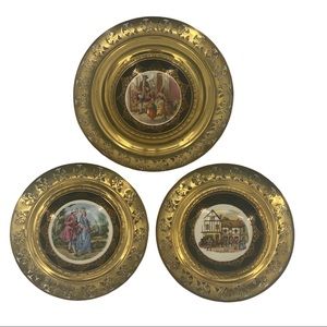 Vintage Regency Bone China Brass Wall Plates Artist Signature Set of 3